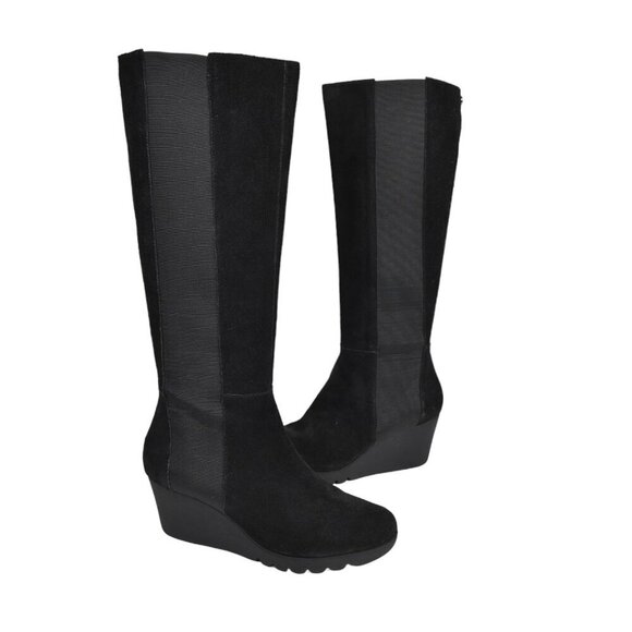 Donald J Pliner Black Suede Tall Boots Wedge Heel Knee High Platform Size 8 - Picture 1 of 13